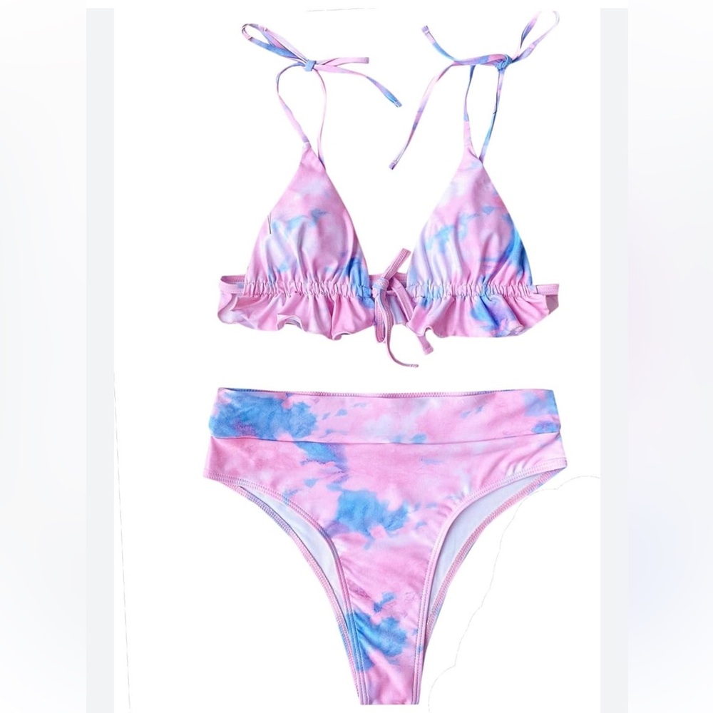 Shein two piece pink and blue tie-dye ruffle triangle high waisted bikini Size L